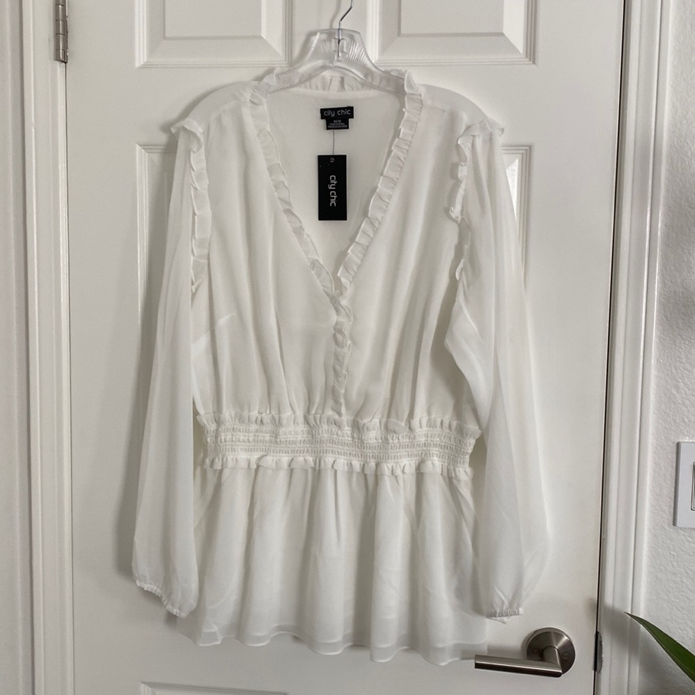 City Chic White Ruffled V-Neck Peplum Blouse